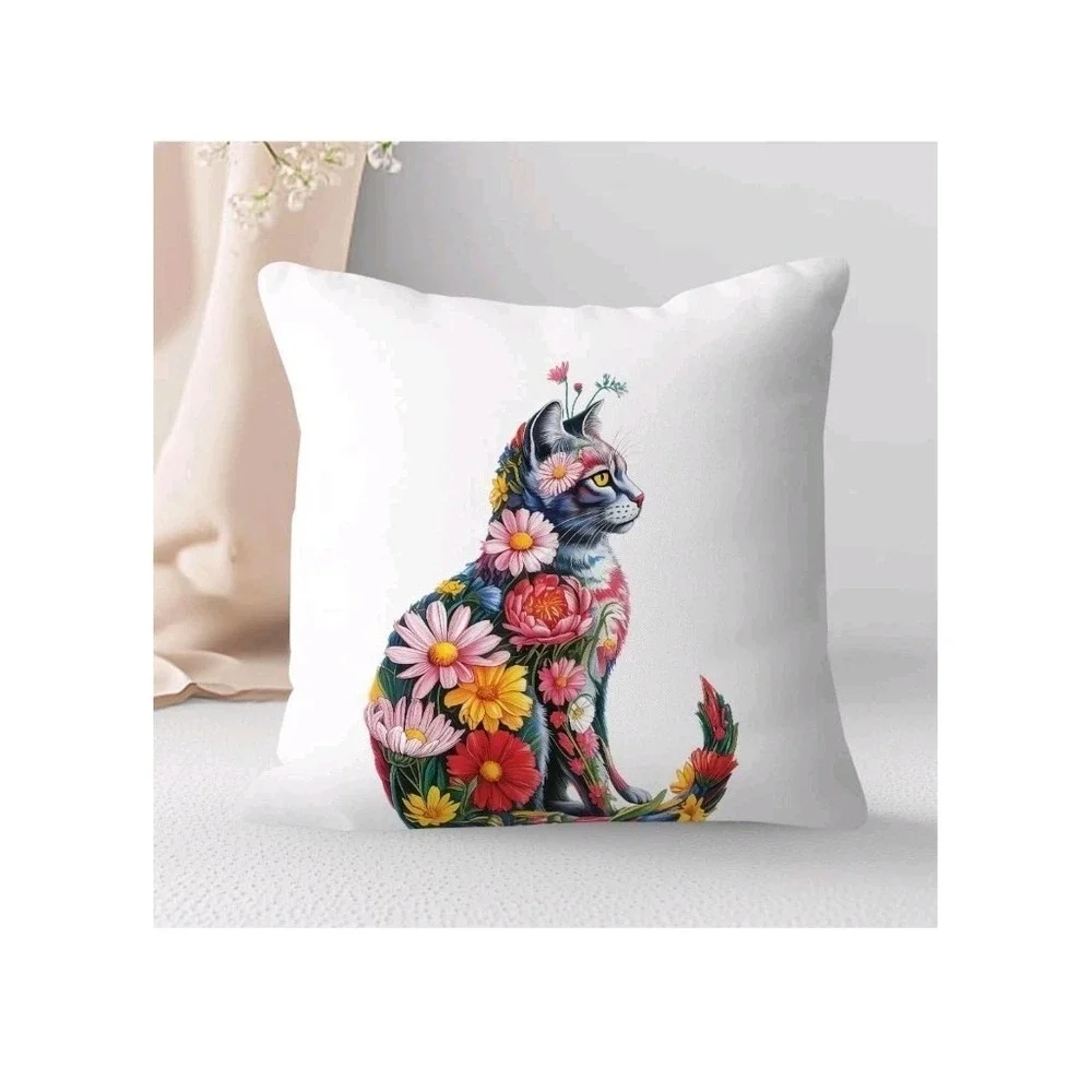 Colorful Floral Cat Pillow Covers 18X18, Gifts for Cat Lovers Mom Lady Owners